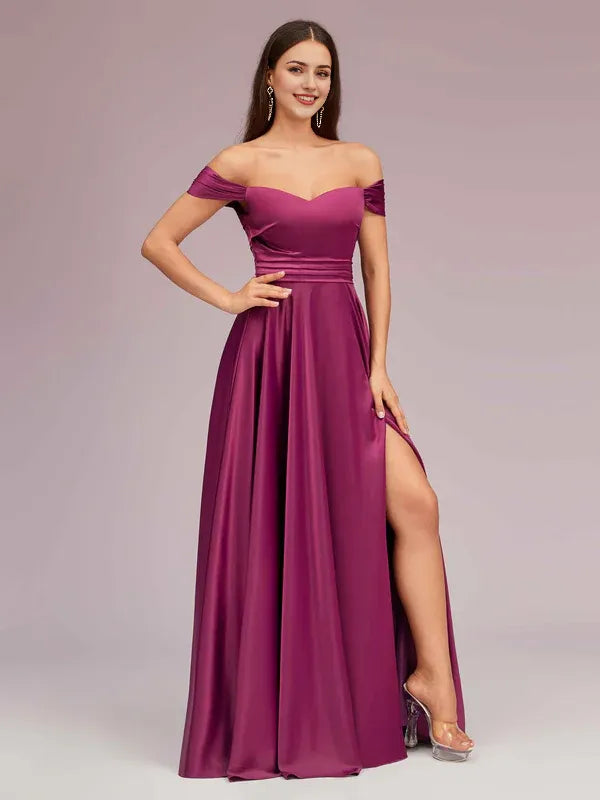 Robe de soirée sexy en satin plissé, épaules dénudées, fente latérale, coupe trapèze, longue et douce